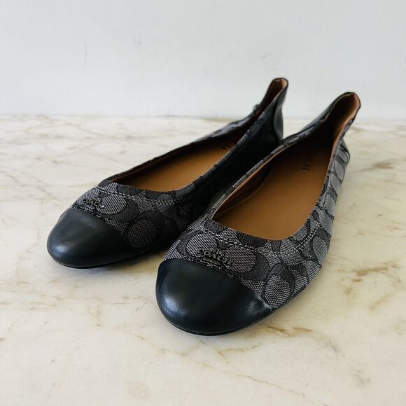 COACH Chelsea Black Gray Signature Canvas Logo Print Ballerina Flats - US 10 - Picture 1 of 8